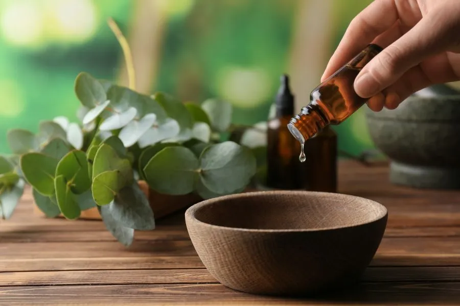 eucalyptus oil and brand on table pouring into wooden bowl